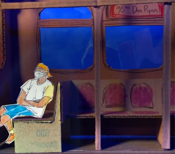 An animation drawing of a teenage male sitting on a train